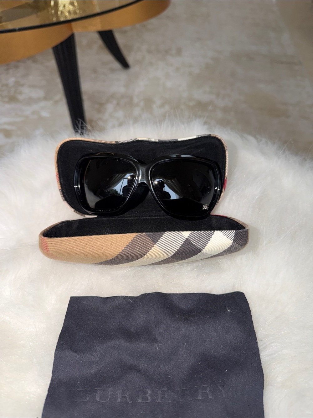 Burberry Black Oversized Sunglasses with Vintage Check Case